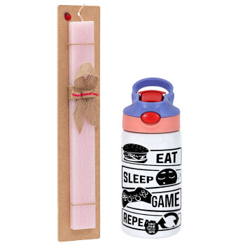 Eat Sleep Game Repeat, Easter Set, Children's thermal stainless steel water bottle with safety straw, pink/purple (350ml) & Easter scented flat candle (30cm) (PINK)
