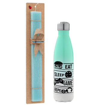 Eat Sleep Game Repeat, Easter Set, Metallic green/white thermos (Stainless steel), double-walled, 500ml & scented flat Easter candle (30cm) (TURQUOISE)