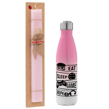 Eat Sleep Game Repeat, Easter Set, Metallic pink/white (Stainless steel) thermos, double-walled, 500ml & aromatic flat Easter candle (30cm) (PINK)