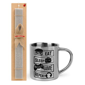 Eat Sleep Game Repeat, Easter Set, metallic thermal cup (300ml) & Easter aromatic flat candle (30cm) (GRAY)