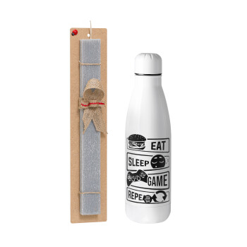 Eat Sleep Game Repeat, Easter Set, metallic stainless thermos bottle (500ml) & scented flat Easter candle (30cm) (GRAY)