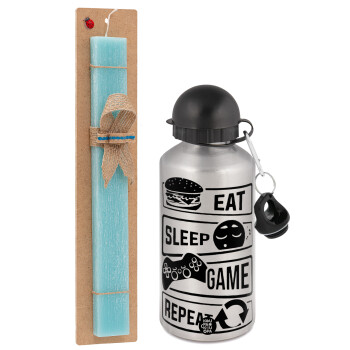 Eat Sleep Game Repeat, Easter Set, metallic silver aluminum water bottle (500ml) & scented flat Easter candle (30cm) (TURQUOISE)
