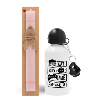 Eat Sleep Game Repeat, Easter Set, metallic aluminum bottle (500ml) & aromatic flat Easter candle (30cm) (PINK)