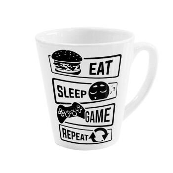 Eat Sleep Game Repeat, Κούπα κωνική Latte Λευκή, κεραμική, 300ml