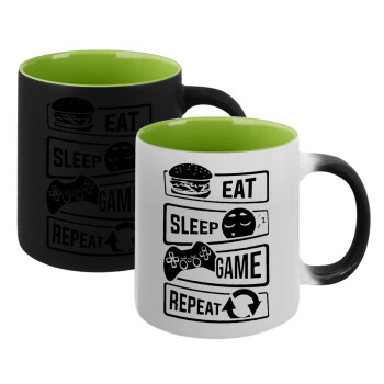 Eat Sleep Game Repeat, Κούπα Μαγική εσωτερικό πράσινο, κεραμική 330ml που αλλάζει χρώμα με το ζεστό ρόφημα (1 τεμάχιο)