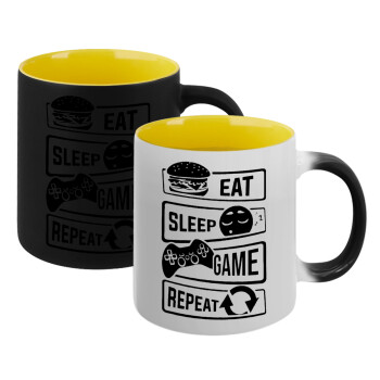 Eat Sleep Game Repeat, Κούπα Μαγική εσωτερικό κίτρινη, κεραμική 330ml που αλλάζει χρώμα με το ζεστό ρόφημα (1 τεμάχιο)