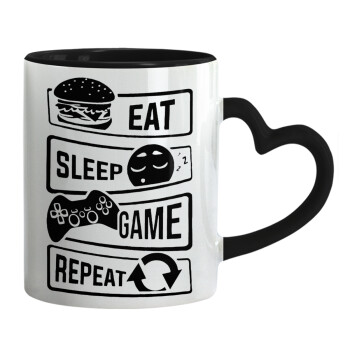 Eat Sleep Game Repeat, Κούπα καρδιά χερούλι μαύρη, κεραμική, 330ml