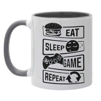 Eat Sleep Game Repeat, Κούπα χρωματιστή γκρι, κεραμική, 330ml