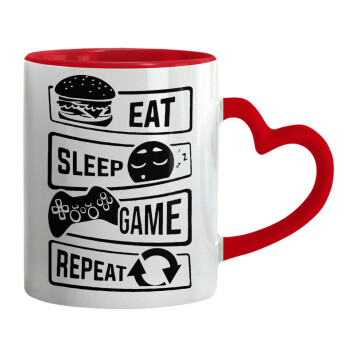Eat Sleep Game Repeat, Κούπα καρδιά χερούλι κόκκινη, κεραμική, 330ml