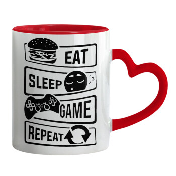 Eat Sleep Game Repeat, Mug heart red handle, ceramic, 330ml