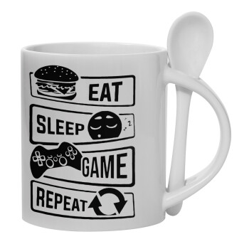 Eat Sleep Game Repeat, Κούπα, κεραμική με κουταλάκι, 330ml (1 τεμάχιο)
