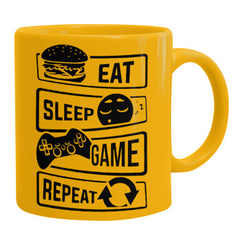 Eat Sleep Game Repeat, Ceramic coffee mug yellow, 330ml (1pcs)
