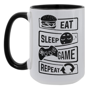 Eat Sleep Game Repeat, Κούπα Mega 15oz, κεραμική Μαύρη, 450ml