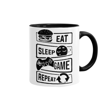 Eat Sleep Game Repeat, Κούπα χρωματιστή μαύρη, κεραμική, 330ml