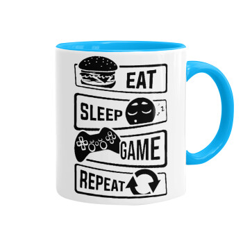 Eat Sleep Game Repeat, Κούπα χρωματιστή γαλάζια, κεραμική, 330ml