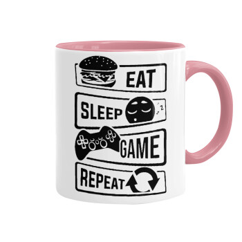 Eat Sleep Game Repeat, Κούπα χρωματιστή ροζ, κεραμική, 330ml