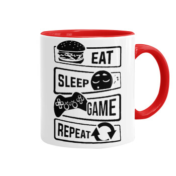 Eat Sleep Game Repeat, Κούπα χρωματιστή κόκκινη, κεραμική, 330ml