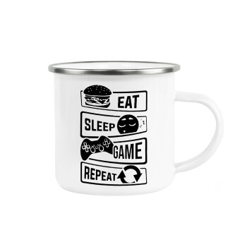 Eat Sleep Game Repeat, Metallic enamel cup white 360ml