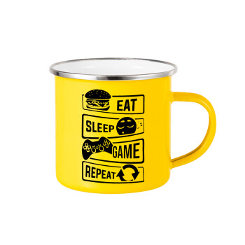 Eat Sleep Game Repeat, Κούπα Μεταλλική εμαγιέ Κίτρινη 360ml