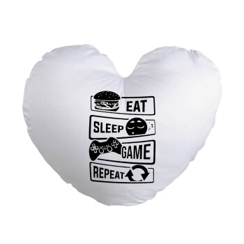Eat Sleep Game Repeat, Μαξιλάρι καναπέ καρδιά 40x40cm περιέχεται το  γέμισμα