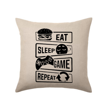 Eat Sleep Game Repeat, Μαξιλάρι καναπέ ΛΙΝΟ 40x40cm περιέχεται το  γέμισμα