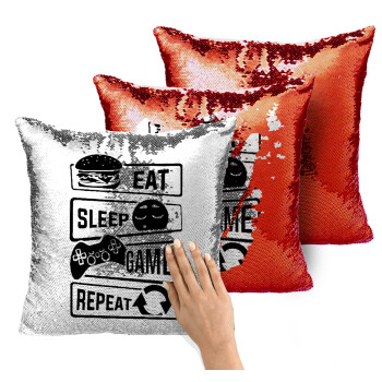 Eat Sleep Game Repeat, Μαξιλάρι καναπέ Μαγικό Κόκκινο με πούλιες 40x40cm περιέχεται το γέμισμα