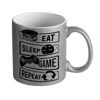 Eat Sleep Game Repeat, Κούπα Ασημένια Glitter που γυαλίζει, κεραμική, 330ml