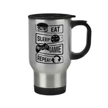 Eat Sleep Game Repeat, Stainless steel travel mug with lid, double wall 450ml