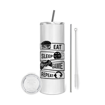 Eat Sleep Game Repeat, Tumbler stainless steel 600ml, with metal straw & cleaning brush