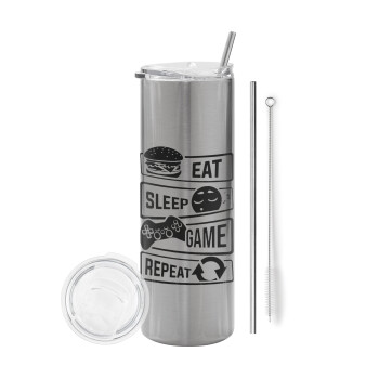 Eat Sleep Game Repeat, Tumbler stainless steel Silver 600ml, with metal straw & cleaning brush