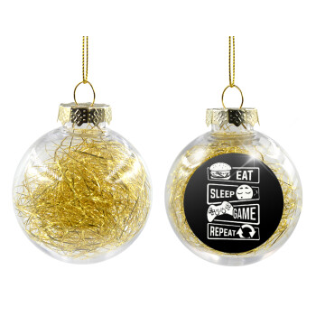Eat Sleep Game Repeat, Χριστουγεννιάτικη μπάλα δένδρου διάφανη με χρυσό γέμισμα 8cm
