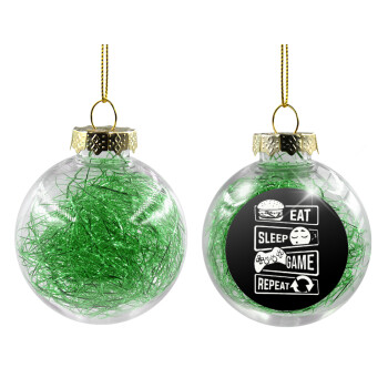 Eat Sleep Game Repeat, Χριστουγεννιάτικη μπάλα δένδρου διάφανη με πράσινο γέμισμα 8cm