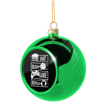 Eat Sleep Game Repeat, Green Christmas tree ornament ball 8cm