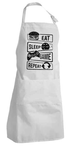 Eat Sleep Game Repeat — Adult Chef Apron (with sliders and 2 pockets)