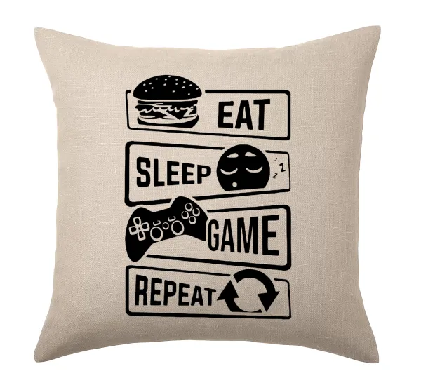 Eat Sleep Game Repeat — Linen sofa cushion, 40x40cm, filling included