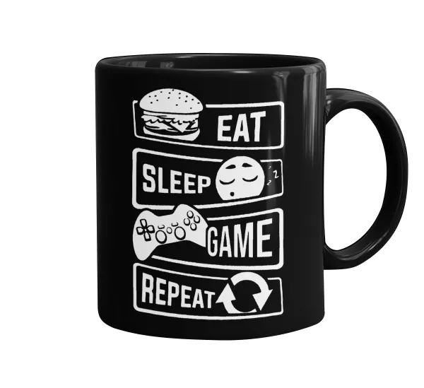 Eat Sleep Game Repeat — Κούπα Μαύρη, κεραμική, 330ml