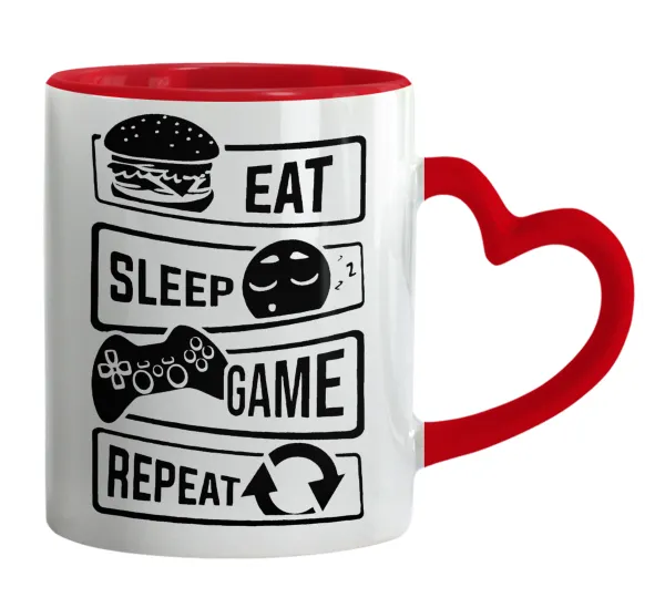 Eat Sleep Game Repeat — Κούπα καρδιά χερούλι κόκκινη, κεραμική, 330ml