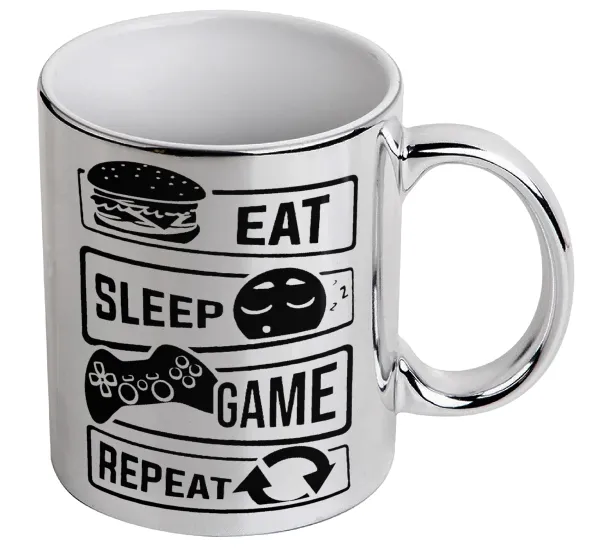 Eat Sleep Game Repeat — Κούπα κεραμική, ασημένια καθρέπτης, 330ml