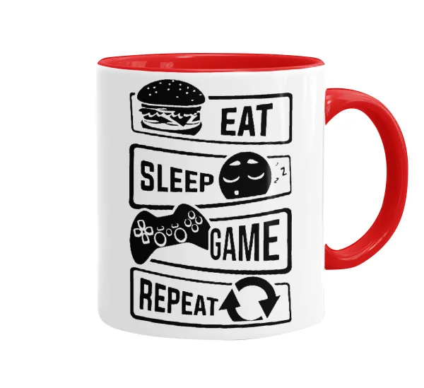 Eat Sleep Game Repeat — Κούπα χρωματιστή κόκκινη, κεραμική, 330ml