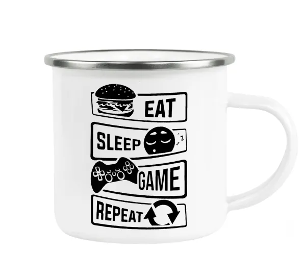 Eat Sleep Game Repeat — Metallic enamel cup white 360ml