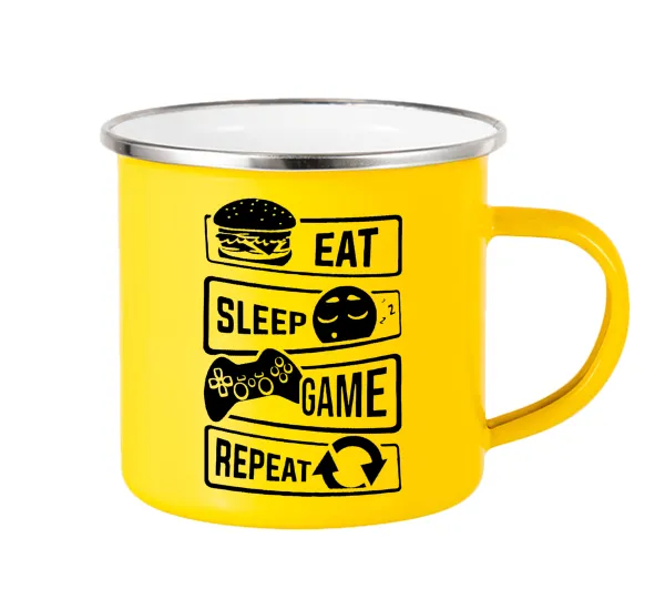 Eat Sleep Game Repeat — Yellow Enamel Metallic Cup 360ml