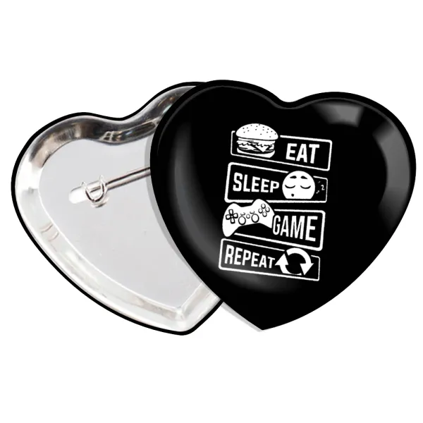 Eat Sleep Game Repeat — Heart pin badge (57x52mm)