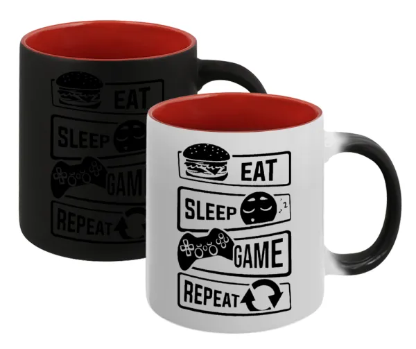 Eat Sleep Game Repeat — Magic mug with red interior, ceramic, 330ml, changes colour with hot drinks
