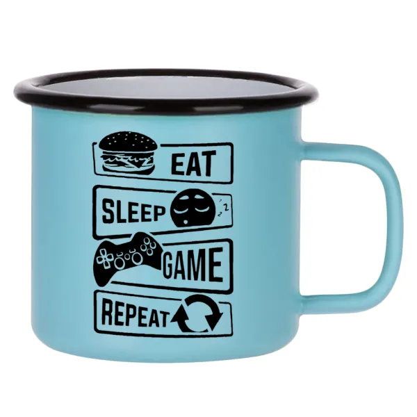 Eat Sleep Game Repeat — Κούπα Μεταλλική εμαγιέ ΜΑΤ σιέλ 360ml