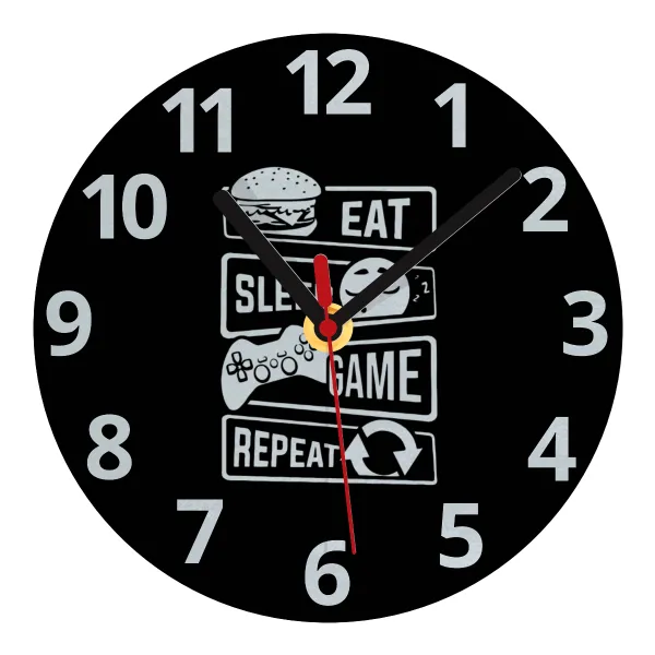 Eat Sleep Game Repeat — Glass wall clock (20cm)