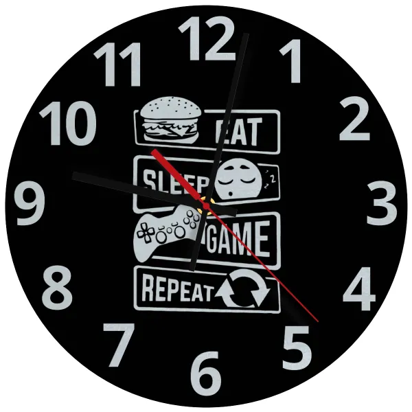 Eat Sleep Game Repeat — Glass wall clock (30cm)