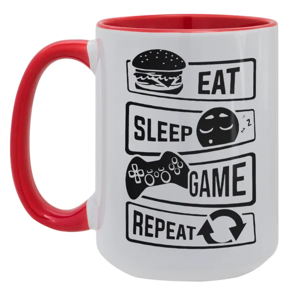 Eat Sleep Game Repeat — Mega mug 15oz, red ceramic, 450ml