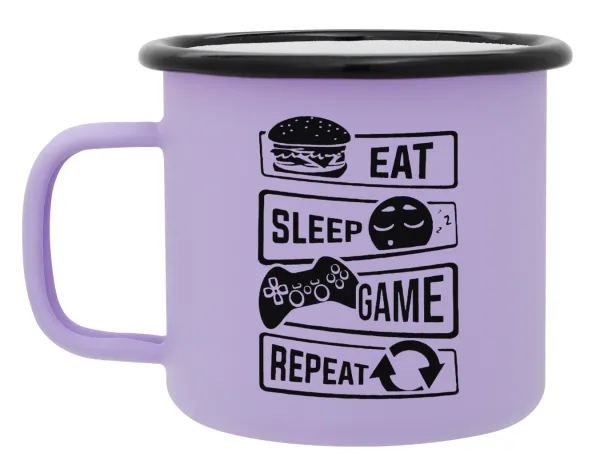 Eat Sleep Game Repeat — Metal enamel mug, matte light pastel purple, 360ml
