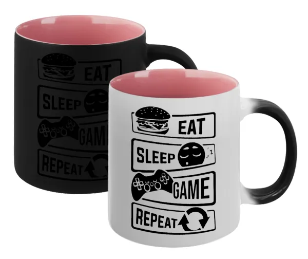 Eat Sleep Game Repeat — Magic mug with pink interior, ceramic, 330ml, changes colour with hot drinks
