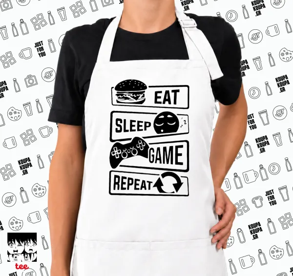 Eat Sleep Game Repeat — White chef's cooking apron with pockets (adult, white)